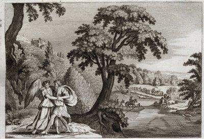 Bibel von Royaumont, Altes Testament: Versöhnung von Esau mit Jakob. Jakobs Weisheit, Esau zu besänftigen. Sein Kampf mit dem Engel. Illustration von 1811. von Unknown artist