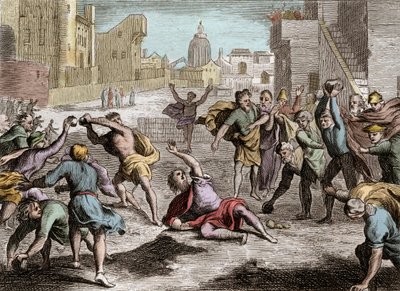 Bibel von Royaumont, Altes Testament: Darstellung des Schismas von Rehabeam, das das Königreich Israel nach Salomos Tod teilte - sein Volk schickt Abgeordnete zu Rehabeam, seinem Sohn, der, indem er den Rat der jungen Männer dem der alten Männer vorzieht,  von Unknown artist