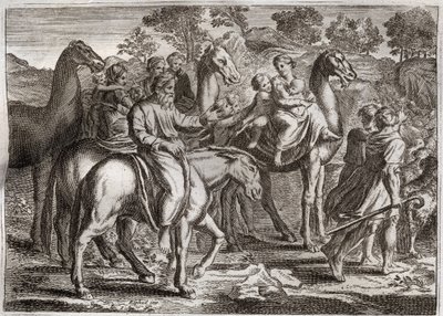 Royaumont-Bibel, Altes Testament: Rückkehr von Jakob. Jakobs Rückkehr ins Land Kanaan mit seinen Frauen, Rachel und Lea, und seinen Kindern. Illustration von 1811. von Unknown artist