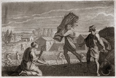 Royaumont-Bibel, Altes Testament: Ruth folgt ihrer Schwiegermutter Noemi ins Land Juda und erntet die Weizenfelder von Boas. Illustration von 1811 von Unknown artist