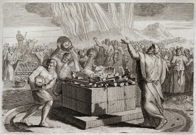 Bibel von Royaumont, Altes Testament: Opfer des Elija. Und nachdem er den wahren Gott durch das Wunder des Feuers, das auf sein Opfer herabkam, bekannt gemacht hatte, befahl er dem Volk, die vierhundertfünfzig Priester des Baal-Idols zu töten. Illustration von Unknown artist