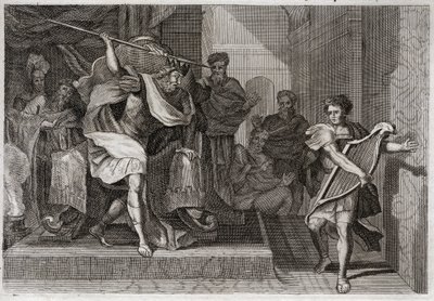Royaumont-Bibel, Altes Testament: Saul will David töten. Saul, voller Zorn und Neid gegen David, will ihn mit seinem Speer durchbohren, als er vor ihm die Harfe spielte. Illustration von 1811. von Unknown artist