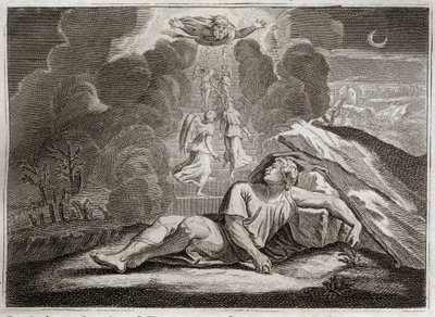 Bibel von Royaumont, Altes Testament: Die Himmelsleiter Jakobs. Jakob, der vor Esaus Zorn flieht, sieht im Schlaf eine geheimnisvolle Leiter. Illustration von 1811. von Unknown artist