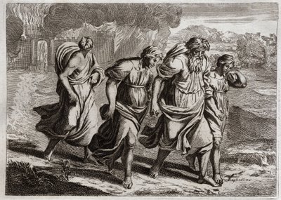 Royaumont-Bibel, Altes Testament: Sodom verbrannt. Gott erzürnt über die abscheulichen Verbrechen von Sodom, verbrennt es mit den anderen benachbarten Städten mit einem Regen aus Feuer und Schwefel, den er vom Himmel herabregnen lässt (Loth, seine Töchter  von Unknown artist