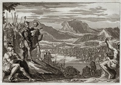 Royaumont-Bibel, Altes Testament: Soldaten von Gideon. Gott befiehlt Gideon, alle seine Truppen zum Jordanfluss zu führen, und gibt ihm ein Zeichen, um diejenigen zu erkennen, die er im Kampf gegen die Midianiter einsetzen soll. Illustration von 1811. von Unknown artist