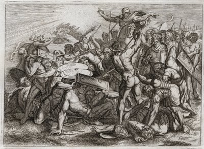 Royaumont-Bibel, Altes Testament: Sonnenstopp. Josua verfolgt seine amoritischen Feinde (Amoriter) und lässt die Sonne stillstehen, damit er mehr Zeit hat, sie zu besiegen. Illustration von 1811. von Unknown artist