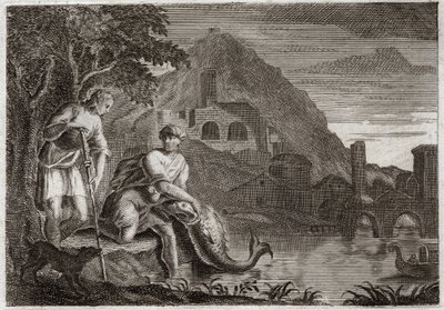 Bibel von Royaumont, Altes Testament: Der Engel führt Tobit. Der junge Tobit wird von einem Fisch (wunderbar) erschreckt, der ihn fressen wollte. Der Engel Raphael kommt auf Gottes Befehl, um ihn auf einer Reise zu führen, die er unternehmen musste. Illust von Unknown artist