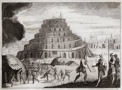 Bibel von Royaumont, Altes Testament: Turm von Babel. Männer wollen aus Eitelkeit einen Turm zum Himmel bauen. Gott verhindert dieses Werk, indem er ihre Sprachen verwirrt, sodass sie einander nicht mehr verstehen. Illustration von 1811. von Unknown artist
