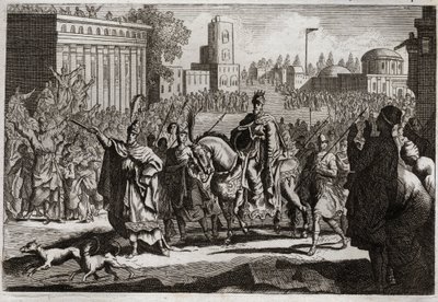 Bibel von Royaumont, Altes Testament: Triumph von Mardocheus. Aman (Haman) wird vom König gezwungen, den Triumph seines Feindes Mardocheus (oder Mordechai) in der Stadt Susan (besser bekannt als Susa) zu verkünden. Illustration von 1811. von Unknown artist