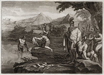 Royaumont-Bibel, Altes Testament: Krieg von Naaman. Naaman, General der Armee des Königs von Syrien, kam zum Propheten Elisa, um von seinem Aussatz geheilt zu werden. Illustration von 1811 von Unknown artist