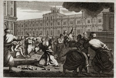 Bibel von Royaumont, Altes Testament: Zacharias wird gesteinigt. Zacharias, der Hohepriester, wird auf Befehl von Joasch (Joas), König von Juda, gesteinigt, weil er sich seinen Befehlen widersetzte. Illustration von 1811. von Unknown artist