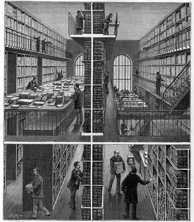 Bibliotheque Nationale in Paris: Zeitungsbearbeitungs- und Ablageraum im Bureau des Entrees. Gravur in „La Nature: revue des sciences et de leurs applications aux arts et a l