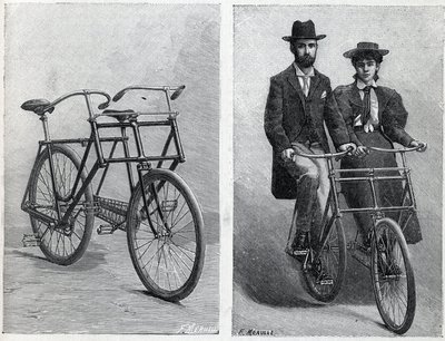 Fahrrad mit zwei Sitzen von der Firma „Punnett Cycle“ ohne und mit Radfahrern. Gravur in „La Nature“ von Unknown artist