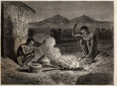 Schmiede in Simiango, an den Ufern des Sambesi-Flusses. Gravur zur Illustration von Dr. Livingstones ersten Reisen nach Südafrika von 1840 bis 1856, in 