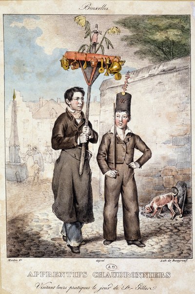Kupferschmiedelehrlinge besuchen ihre Werkstätten am St. Gillen-Tag (Brüssel) - Lithografie, Anfang 19. Jahrhundert von Unknown artist