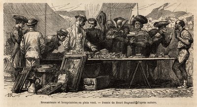 Buchmacher und Trödler im Wind, nahe dem Montanara-Platz, unter einem aufgestellten Zelt, Amateure und Kleriker wetteifern um ein Sammelsurium von Antiquitäten, einige lesen dort, andere feilschen mit Gesten. Gravur zur Illustration der Reise nach Rom, von von Unknown artist