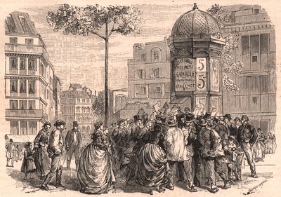 Boulevard Pigalle in Paris: Pariser Menge um eine Morris-Säule während des Zeitungsverkaufs von Unknown