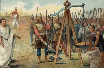 Brennus legt sein Schwert in die Waage, 390 v. Chr.: Plünderung Roms durch die Gallier unter der Führung ihres Anführers Brennus. Angesichts des Widerstands der Römer stimmte Brennus zu, mit dem römischen Militärtribun Quintus Sulpicius zu verhandeln: Er v von Unknown artist