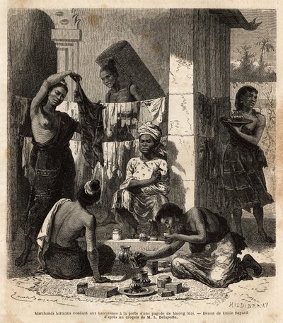 Burmesische Händler verkaufen Stoffe und Parfums an laotische Frauen an der Tür einer Pagode in Muong Mai. Gravur zur Illustration der Entdeckungsreise in Indochina, von Francis Garnier, Leutnant de Vaissseau, 1866-1868, veröffentlicht in „Le tour du mond von Unknown artist