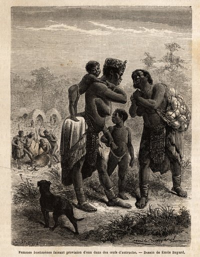 Buschmänner sammeln Wasser in Straußeneiern, begleitet von ihren Kindern; im Hintergrund das Dorf und Männer, die eine Antilope schlachten. Gravur zur Illustration von Dr. Livingstone