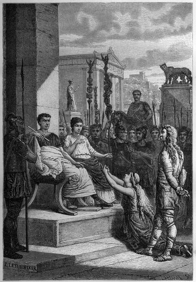Gefangenschaft von Caratacus - Caratacus (Caratacos, Caratacus) in Gefangenschaft mit seiner Familie spricht den römischen Kaiser Claudius (Claude I) (10 v. Chr.-54 n. Chr.) an - Gravur in „L