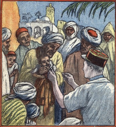 Kampagne von Marokko: Impfsitzung durch die französische Armee in einem abgelegenen Dorf in Marokko, April 1934 von Unknown Artist