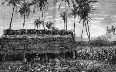 Canaques von Neukaledonien vor einer Hütte oder einem Versammlungshaus. Gravur in „La Nature“ von Unknown artist