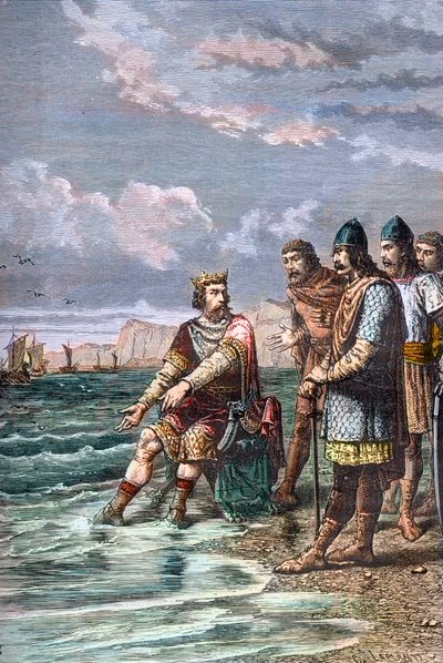 Knut der Große überzeugt seine Berater, dass er nicht die Macht hat, die Flut zu stoppen - König Knut II. der Große (Knud I. der Große) (um 995-1035), König von England ab 1016, von Dänemark ab 1018 und von Norwegen ab 1030 - Er zeigt seinen Höflingen, das von Unknown artist