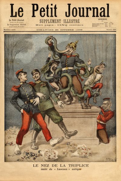 Karikatur-Allegorie über das Dreibund oder die Dreifachallianz zwischen Deutschland, Österreich-Ungarn und Italien, die das Vorbeiziehen der anderen europäischen Allianz, Frankreich mit Russland, beobachtet. Gravur in „Le petit journal“ 25/10/1896. Sammlun von Unknown artist