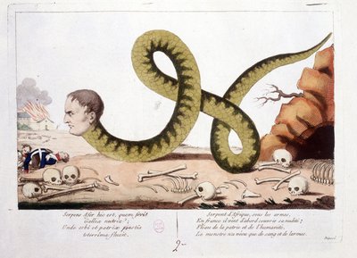 Karikatur über Napoleon I. als Schlange dargestellt. Schlange Afrikas unter Waffen, in Frankreich kam er zuerst, um seine Blöße zu bedecken; Geißel der Heimat und der Menschheit, das Monster lebte nur von Blut und Tränen. - in Napoleon I., Karikaturen, Dum von Unknown artist