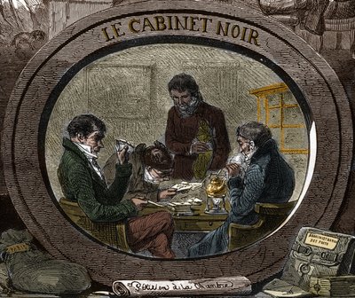 Zensur im 19. Jahrhundert: Unter dem Ancien Régime wird der Dienst „Schwarzes Kabinett“ genannt, der für die Überprüfung privater Korrespondenz aus Sicherheitsgründen verantwortlich ist. Gravur des 19. Jahrhunderts. von Unknown artist