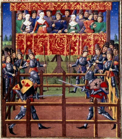 Zeremonien und Verordnungen als Kampfversprechen: Duell auf geschlossenem Feld zwischen zwei Rittern Miniatur aus einem Manuskript von Jean de Rolin (15. Jahrhundert) 1460 Paris, B.N. von Unknown artist