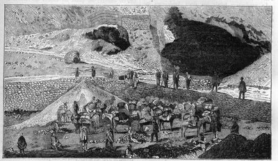 Silbermine Cerro de Pasco in Peru: Transport von Erz auf dem Rücken von Maultieren. Gravur in „La Nature“ von Unknown artist