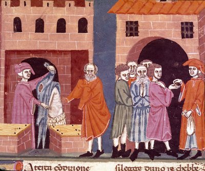 Wohltätigkeit im Mittelalter: „öffentliche Unterstützung“. Szene der Wohltätigkeit und Unterstützung der Armen. Miniatur der florentinischen Schule aus der italienischen Übersetzung des „Pater noster“ des florentinischen Notars Ser Zucchero Bencivenni, Anf von Unknown artist