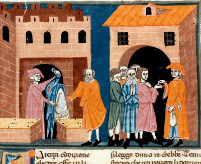 Wohltätigkeit im Mittelalter: „öffentliche Hilfe“. Szene der Wohltätigkeit und Hilfe für die Armen (Miniatur der Florentiner Schule, Anfang des 14. Jahrhunderts) von Unknown artist