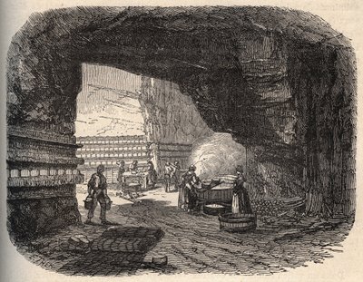Käse - Roquefort-Keller - Gravur in „PATRIE“ - BESCHREIBUNG PICTURESQUE DE LA FRANCE EN 6 VOLUMES VON LUCIEN HUARD - Ende des 19. Jahrhunderts von Unknown artist