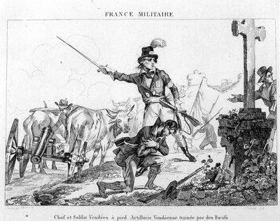 Häuptling und Soldat zu Fuß. Vendeanische Artillerie, gezogen von Ochsen. Gravur des 19. Jahrhunderts von Unknown artist