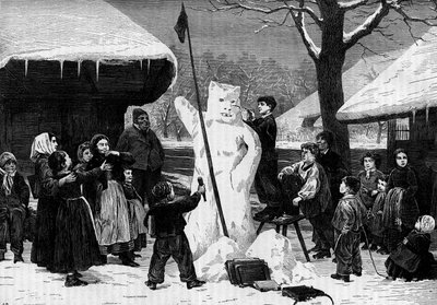 Kinder bauen einen Schneemann in einem Dorf in den Alpen. Gravur in „Le Journal de la jeunesse“ von Unknown artist