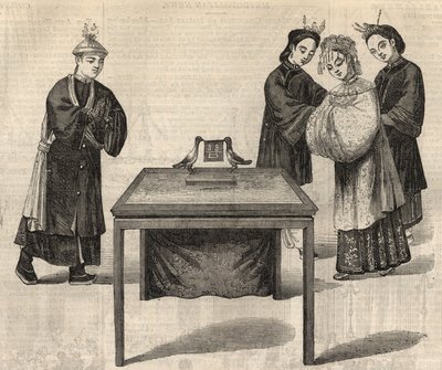 Chinesischer Brauch: Unterzeichnung eines Ehevertrags. Eine Tafel mit den Namen der beiden Ehepartner wird auf einen Tisch mit zwei Tauben gestellt. Gravur in „The Illustrated London News“ vom 14. Februar 1857. von Unknown artist