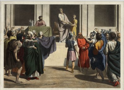 Christus vor Pontius Pilatus: Da das Volk den Tod Jesu wollte und er einen Aufruhr fürchtete, nahm Pilatus Wasser, wusch seine Hände vor der Menge und sagte: „Ich bin unschuldig an diesem Blut; es ist eure Sache.“ Anonyme Gravur aus der Mitte des 19. Jahrh von Unknown artist