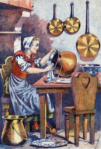Aschenputtel in seiner Küche, Illustration für „Aschenputtel“, Märchen von Charles Perrault (1628-1703), französischer Schriftsteller. Anonyme Illustration. von Unknown artist
