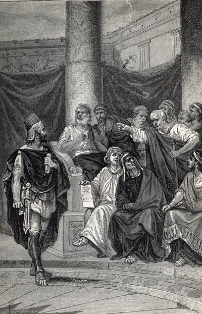 Cineas, wichtiger Berater von König Pyrrhus, versucht nach der Schlacht von Heraclea 280 v. Chr. mit den Römern zu verhandeln, Gravur 1884 von Unknown artist