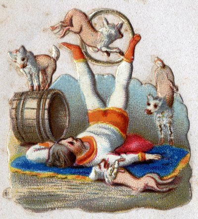 Zirkus: Ein Tierbändiger lässt Hunde durch einen Reifen springen. Chromolithographie um 1890. von Unknown artist