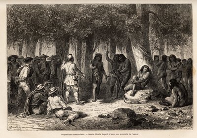 Handelsvorschläge zwischen den Siriniris-Indianern und den Mitgliedern der Expedition, Organisation des Austauschs von Messern und Nadeln gegen Vogelfedern, die an einem Weinstockzweig und Aras aufgereiht sind, im Dorf Huatinmio, das in den Höhen der Karpa von Unknown artist