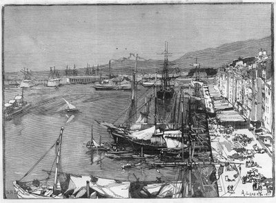 Handelsschiff und Arsenal im Hafen von Toulon (Var), Frankreich. Gravur in „Le Monde Illustré“ von Unknown artist