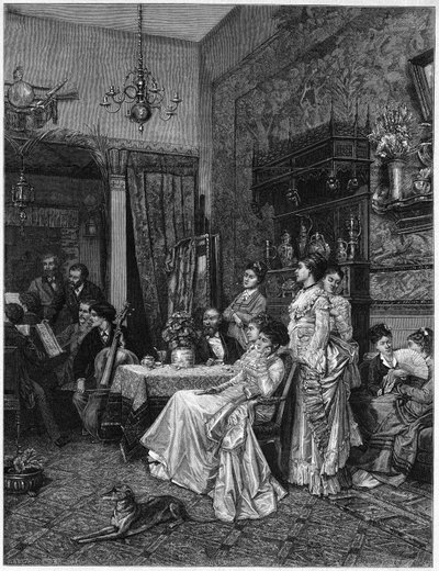 Konzert von Amateuren in einem Künstleratelier. Reproduktion eines Gemäldes von Adrien Moreau (1843-1906), präsentiert im Salon von 1873 von Unknown artist