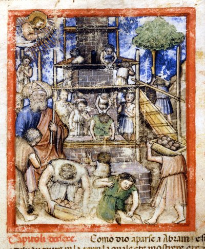Bau des Turms von Babel. Miniatur aus Codex 212 (oder Padovaner Kodex oder Bibel von Padua) 1390-1400 Rovigo, Accademia dei Concordi von Unknown artist