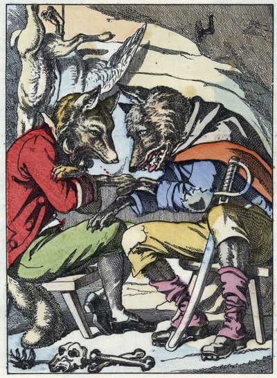 Gespräch zwischen dem Wolf und dem Fuchs. Illustration des Märchens „Compere le Loup, Maitre Renard, Comere la Chevre et ses petits biquets“ nach einer Fabel von Jean de La Fontaine. In „Märchen aus dem Heim für die Kleinen“. Anonyme Gravur des 19. Jahrhun von Unknown artist