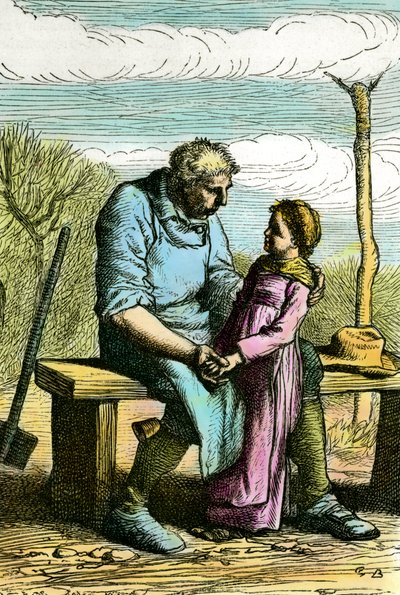 Cosette und Jean Valjean. Illustration für den Roman „Les Misérables“ von Victor Hugo (1802-1885) Gravur von 1865 Private Sammlung von Unknown artist