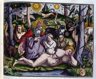 Schöpfung: Gott dargestellt umgeben von Menschen und Tieren (Hund, Kranich, Löwe, Hirsch, Biber, Affe, Einhorn, Wildschwein, Papageien, Kaninchen...), nach Historiae animalium von Konrad Gesner, Tiguri von Unknown artist